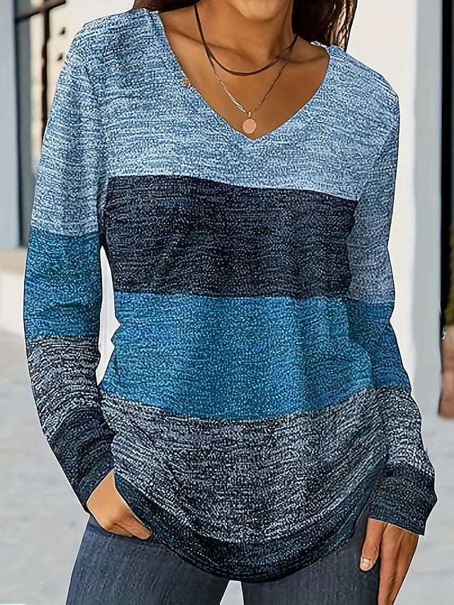 Women's T Shirt V Neck Long Sleeve Tunic Ombre Graphic