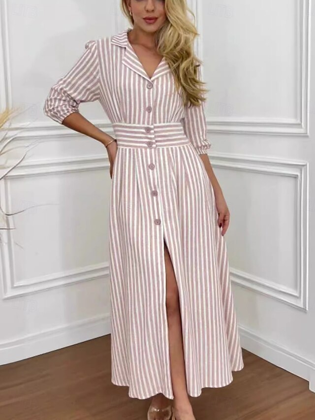 Women's Stripe Shirt Collar Maxi Dress 3/4 Length Sleeve