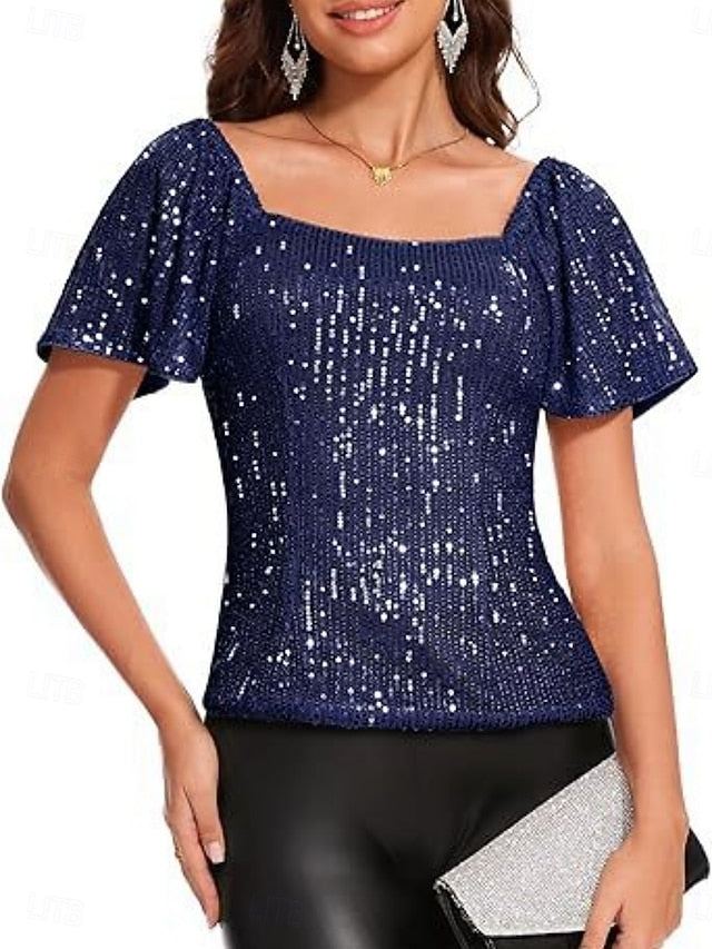Women's Dress Shirt Blouse Sequin Tops Glitter Solid Color