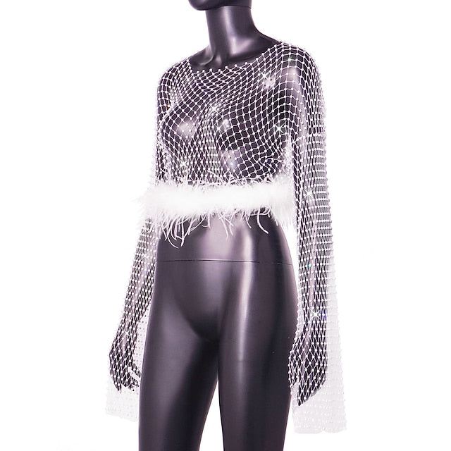 Metallic Sparkle Sexy Shirt Sheer Mesh Rhinestone Cover Up Disco