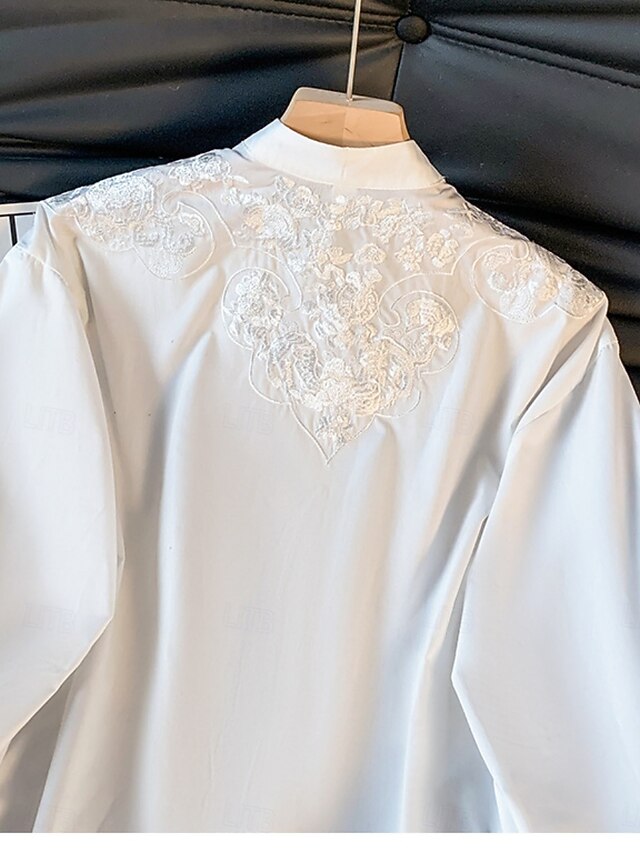 Women's Shirt Blouse Long Sleeve Tops Embroidered Plain