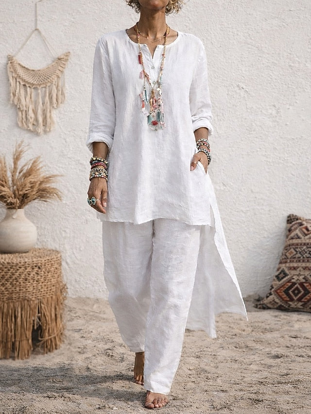 Women's Boho Shirt Sets Linen Like Two Piece Sets Faux