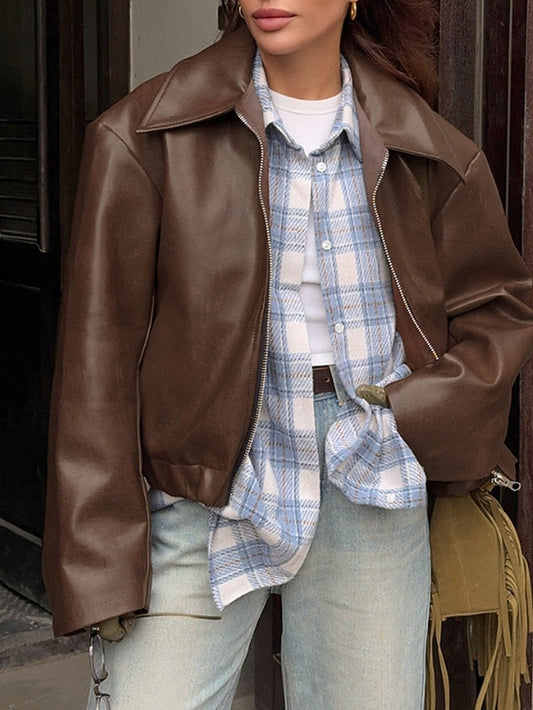 Comfortable Jacket Zipper Women's Faux Warm Pocket Leather