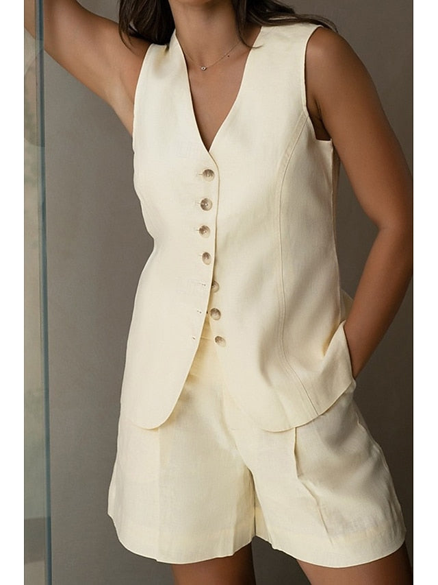 Women's Blouse Shorts Sets Sleeveless V Neck Solid Color