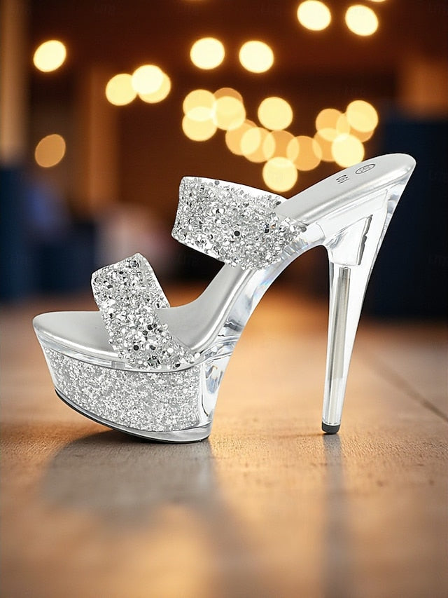 - Glitter Mules High Peep Rhinestone Heel Platform Women's