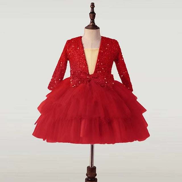 Party Girls' Dress Long Kids Performance Sequin Sleeve