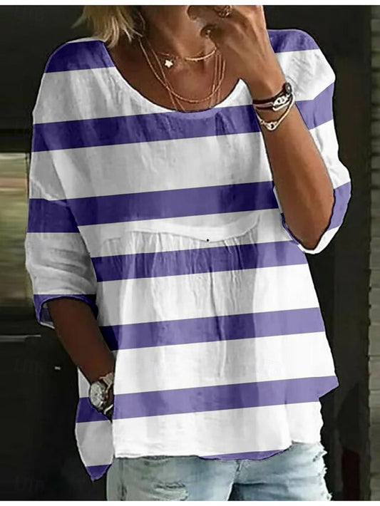 Women's Blouse Print Striped Stylish 3/4 Length Sleeve Crew