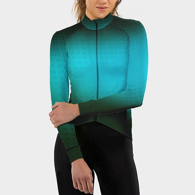 Women's Cycling Jersey Gradient Plaid Checkered Long Sleeve