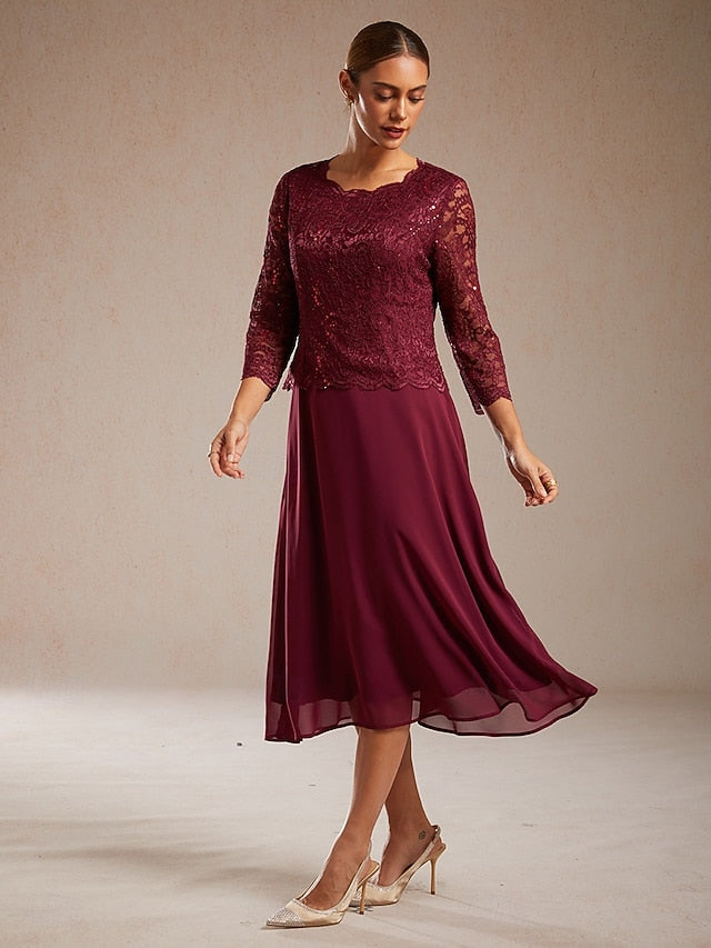 Women's Midi Dress Chiffon Dress Elegant Solid Color 3/4