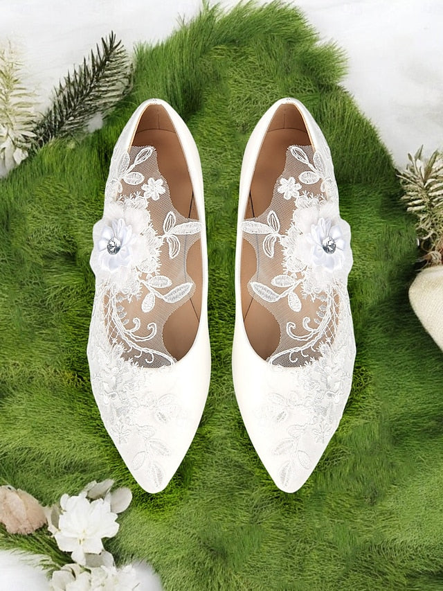 and Wedding Lace Floral White Design Appliqué Shoes with Mesh
