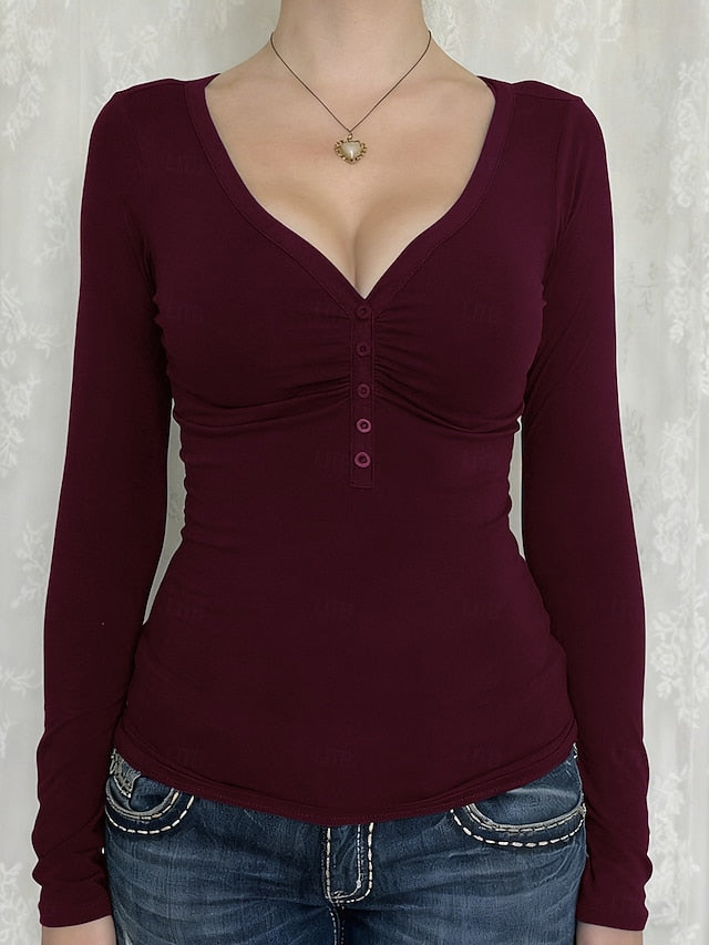 Women's Petite T Shirt Y2K Slim fit top Solid Color Elegant