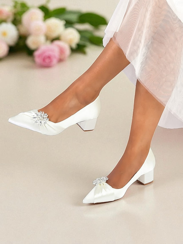 Women's White Block with Pumps Heel Low Crystal