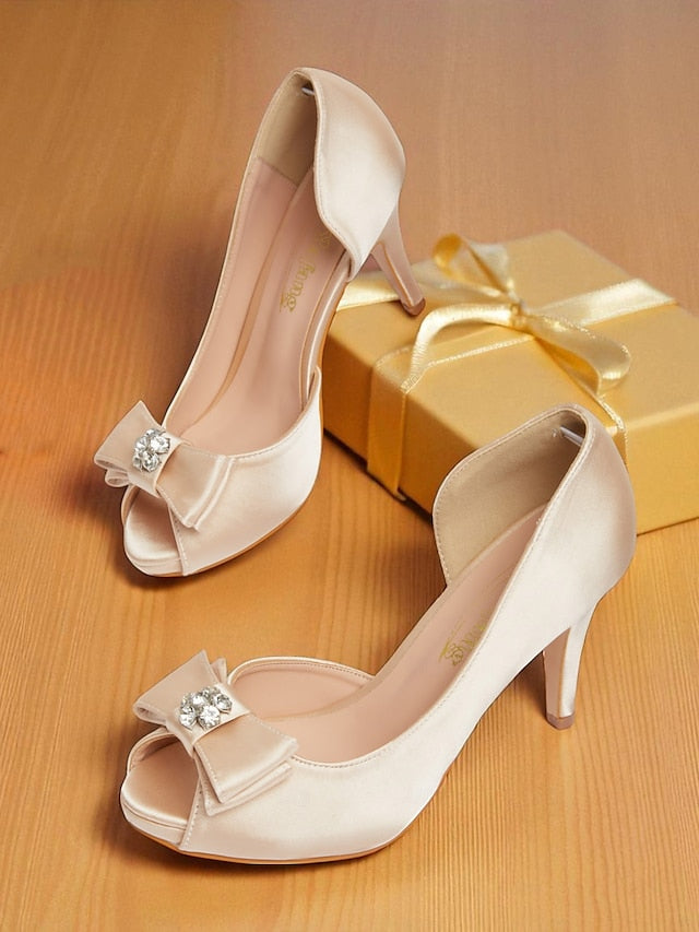 Toe Heels Satin Champagne Women's Peep and with Bow