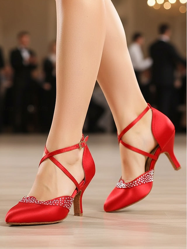 Closed Women's Dance Shoes Cross Satin Toe Red Ballroom -