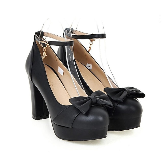 Women's Heels White with Detail – Bow Chunky Elegant
