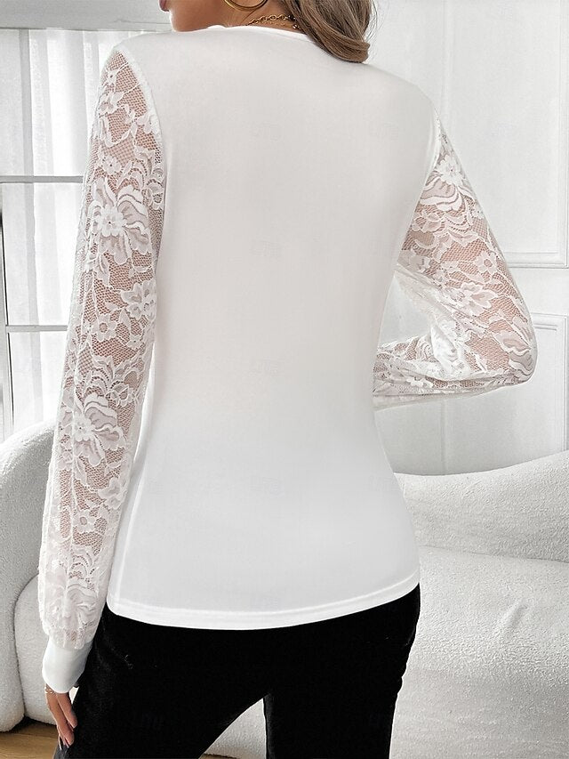 Women's Lace Splicing Top Lace Eyelet Rhinestone Stylish