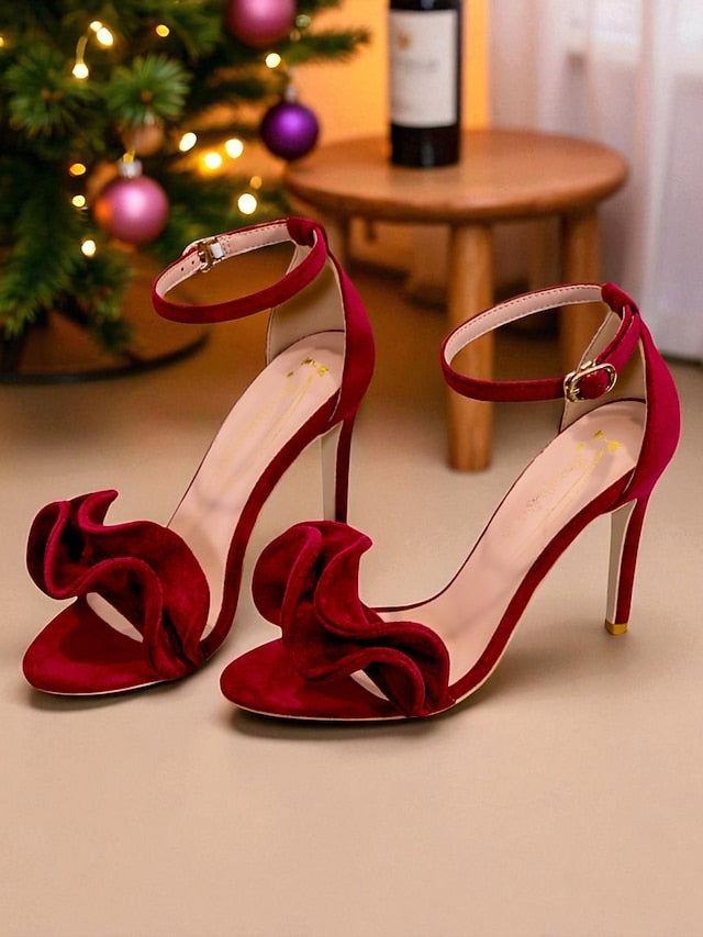 Elegant Heel High Velvet Women's Ankle - Strap Sandals Red