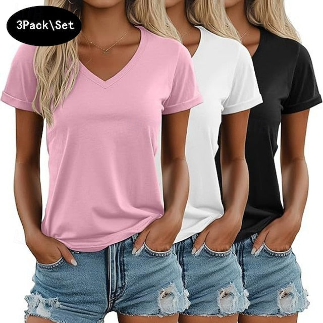 Multi Packs 3pcs Female Crew Neck Short Sleeve Black+Pink+White