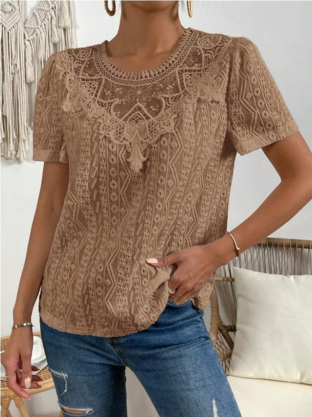Women's T Shirt Lace Patchwork Plain Fashion Modern Casual