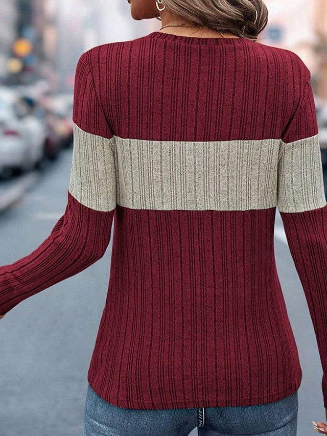 Women's T Shirt Patchwork Color Block Casual Long Sleeve