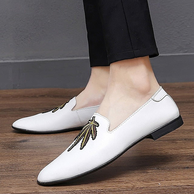 Faux Leather Loafers with Feather - Prom Men's White Shoes