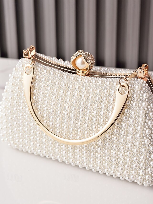Evening Handle Bag Clutch Beaded Pearl with Gold Women's