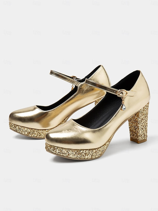 Women's Gold Sparkly Heel Pumps Jane Block Mary – Glitter