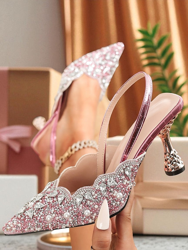 Rhinestone Toe Pink Women's - Slingback Party Heels Pointed