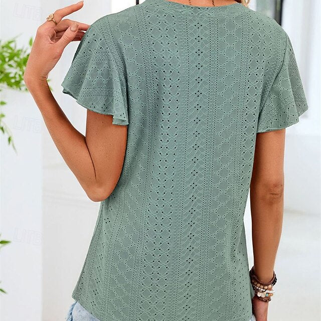 Women's Shirt T Shirt Ruffle Patchwork Eyelet Solid Color