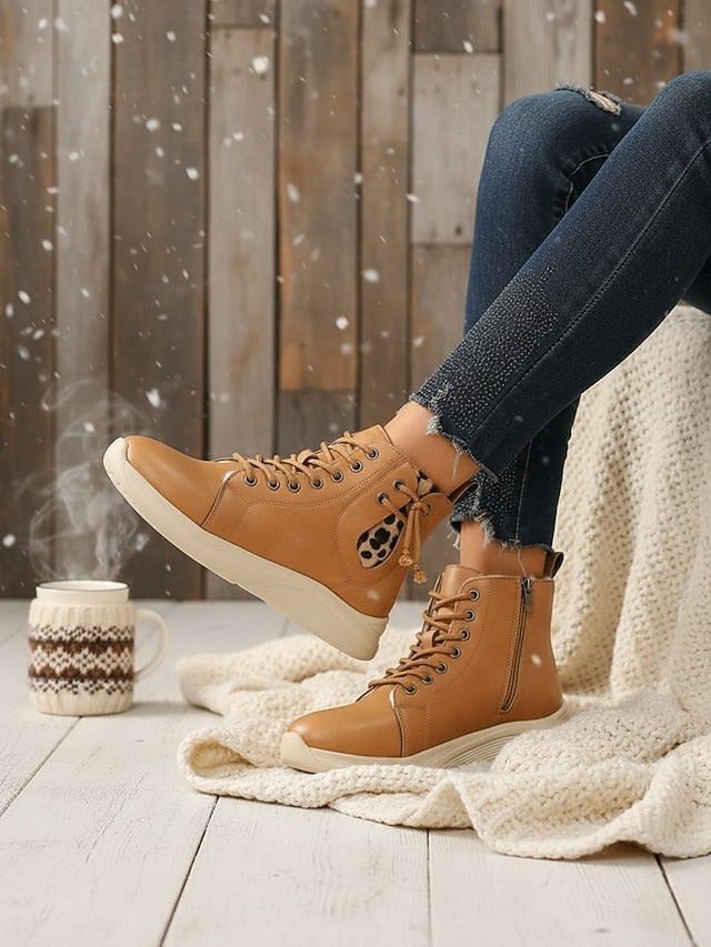 Women's Light Brown High-Top Sneaker Boots with Leopard