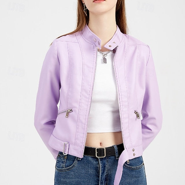 Women's Jacket Pocket Faux Zipper Leather Comfortable