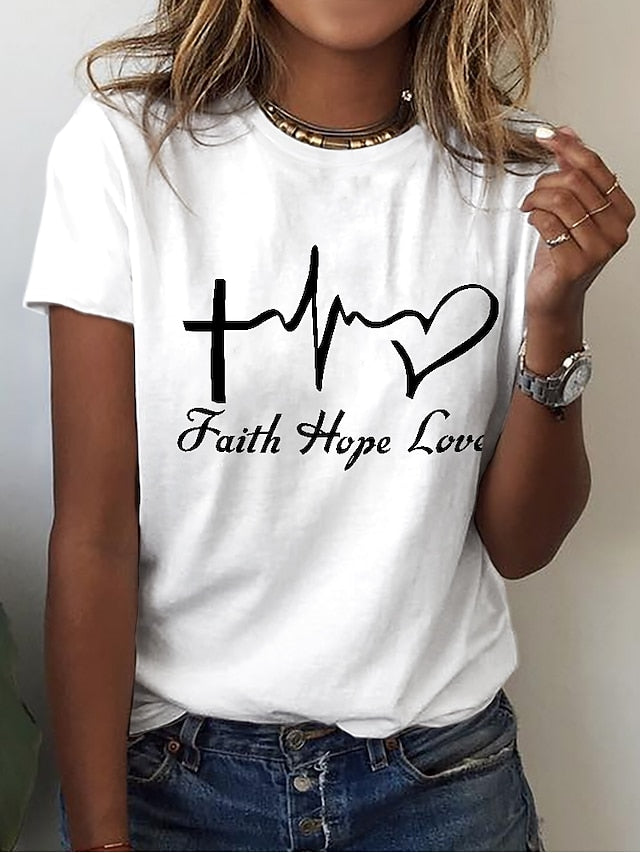 Women's T Shirt Print Heart Letter Basic Short Sleeve Round