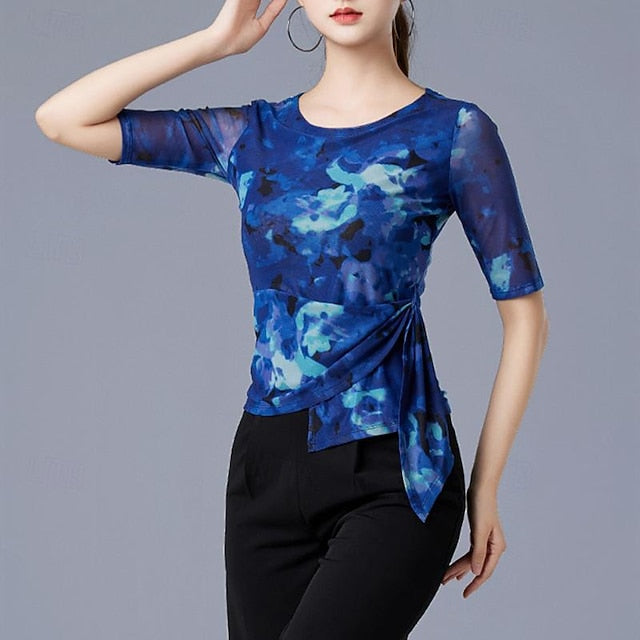 Latin Dance Ballroom Dance Top Printing Splicing Tulle