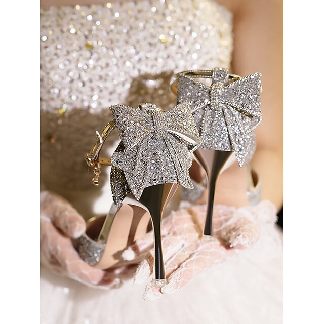 Silver Heels Glitter Bow Toe Pointed - Women's Sparkly