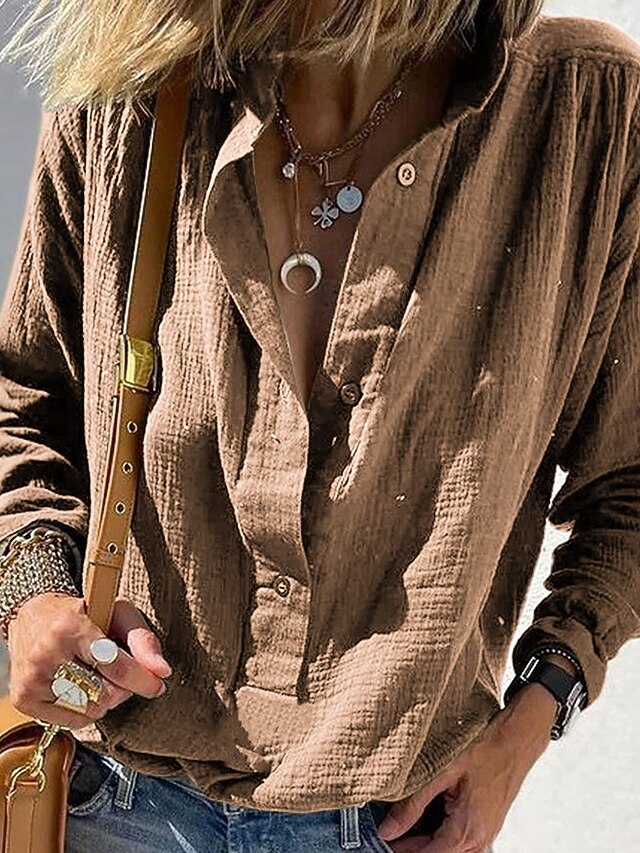 Women's Shirt Blouse Plain Vintage Stylish Long Sleeve V