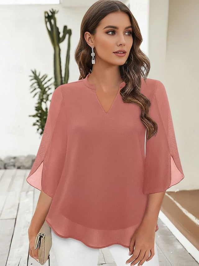 Women's Blouse Chiffon Tops Patchwork Plain Elegant Stylish