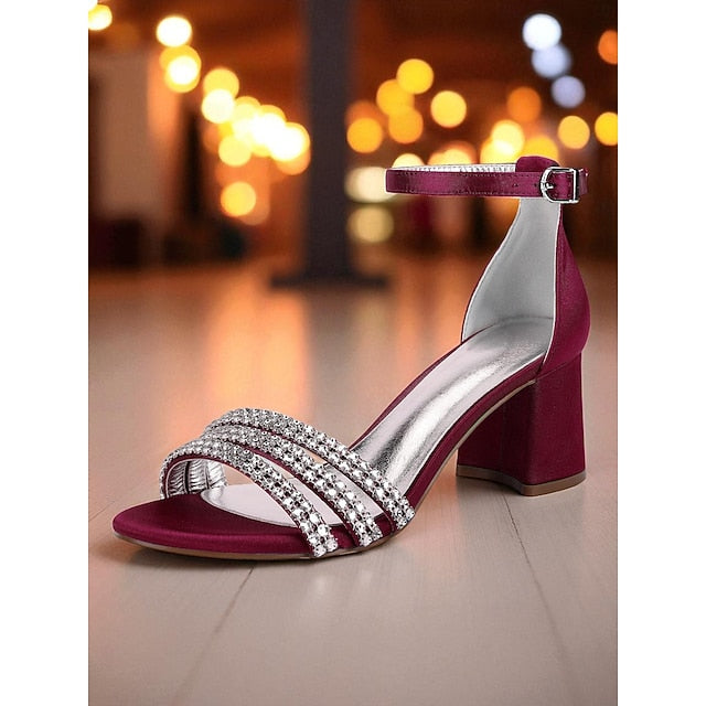 Sandals Purple Heel Women's Block Satin with Rhinestone
