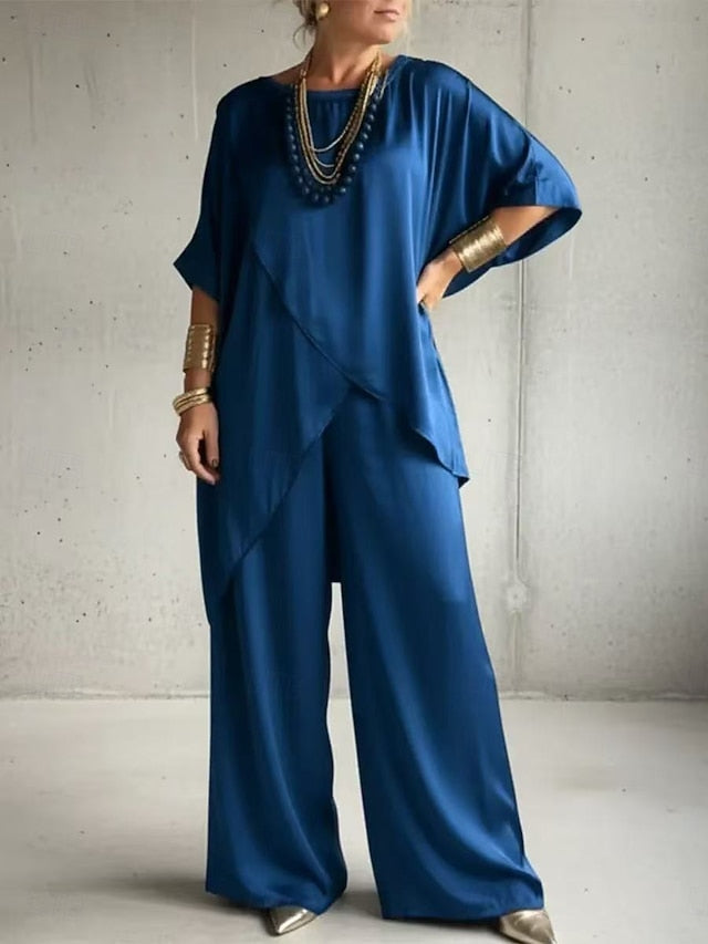 Women's Pants Sets Half Sleeve Round Neck Plain Ruched