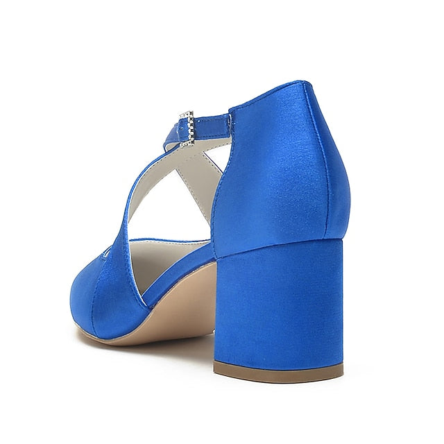 – Elegant White Block Pointed Heels Women's Satin Toe