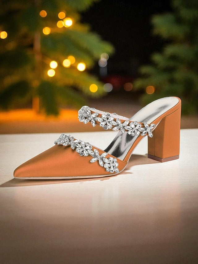Women's Mules Rhinestone Floral Heel Black Block Satin with