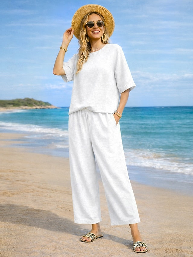 Women's Cotton Linen Sets Two Piece Sets Pure Color Hot