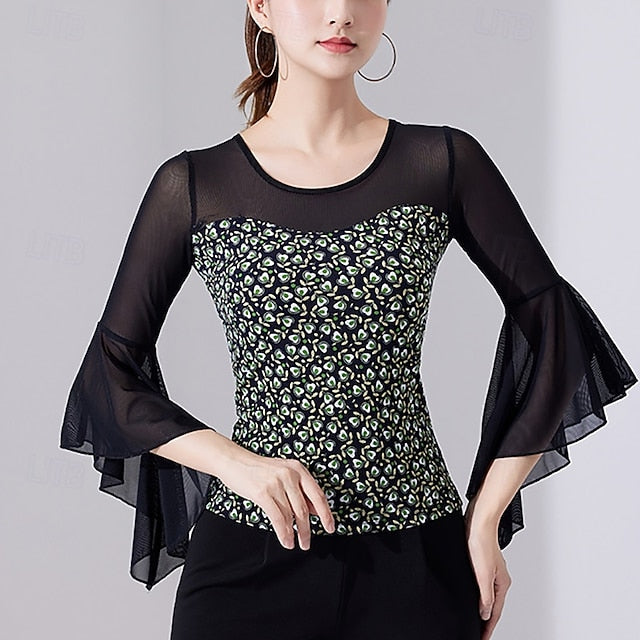 Latin Dance Top Printing Pure Color Splicing Women's