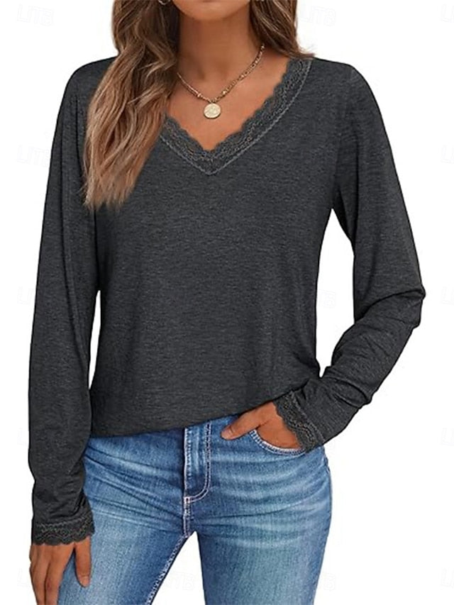 Women's T-Shirt  Solid Color Stylish Casual Long Sleeve V
