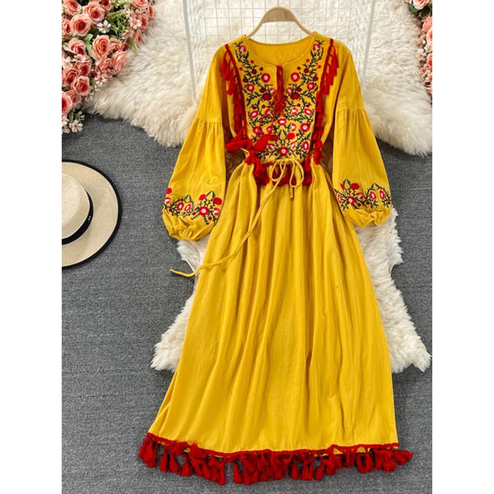 Retro White V-neck Lacing Embroidery Tassel Hem Long Puff Sleeve Dress