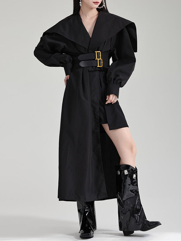 High Belted Pleated Lapel Long Black Asymmetric Waisted Modern