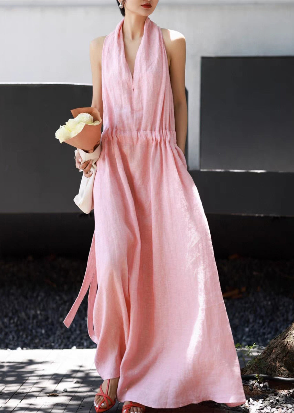 Sleeveless Waist Linen Tie Dresses Pockets Long Simple Pink