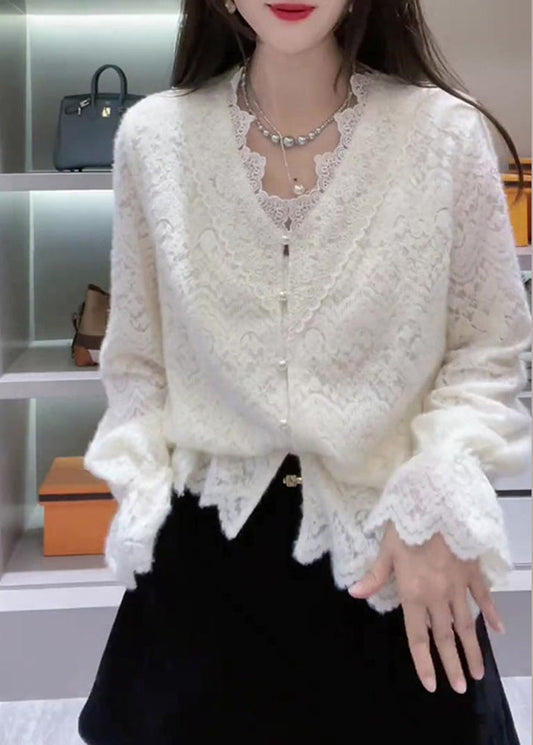 White Spring Lace Neck V French Patchwork Top