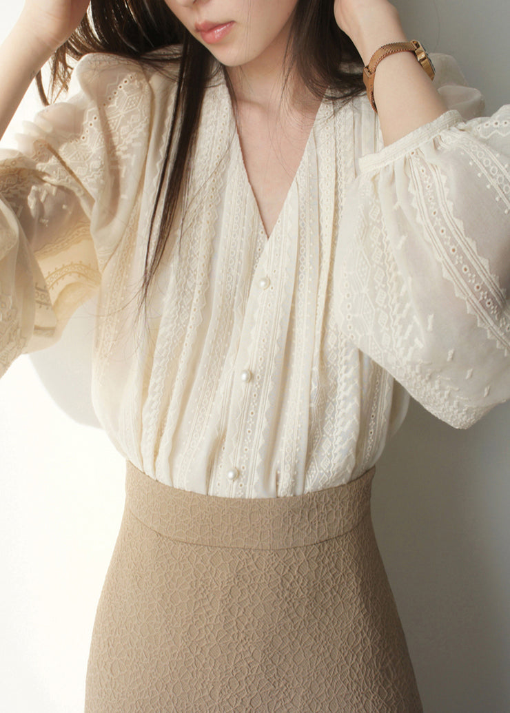 Apricot Chiffon Shirt Embroidered Art Sleeve Lantern