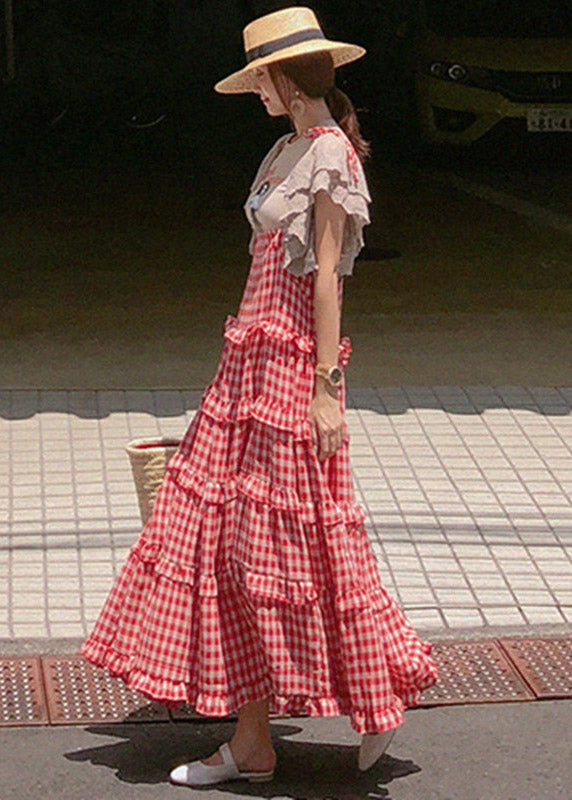 Plaid Button Red Slash neck Stylish Sleeveless Layered Dresses