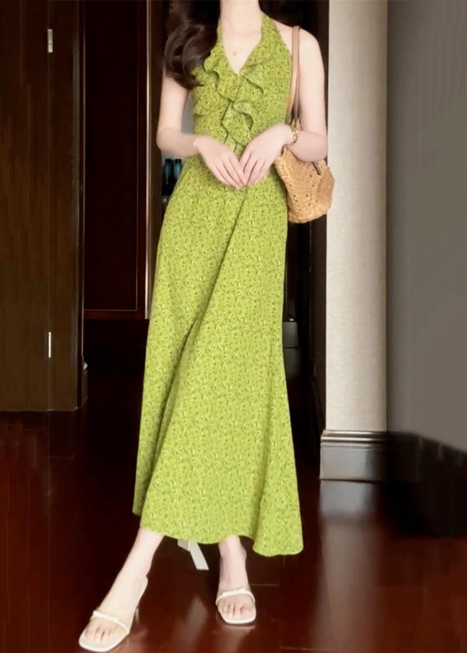 Ruffled New Cotton Print Dress Long Green Sleeveless
